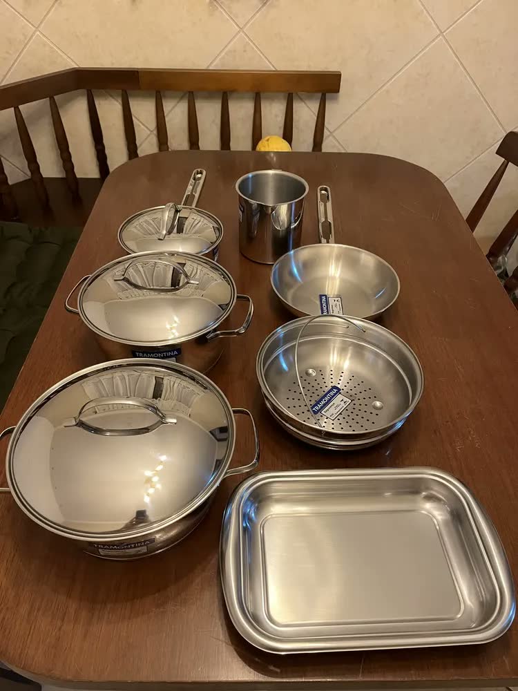 foto de Jogo Panelas Tramontina Allegra 7 Peças Aço Inox Fundo Triplo Indução Prateado Caçarola Frigideira Cozinha Fogão Gás Elétrico Vitrocerâmico