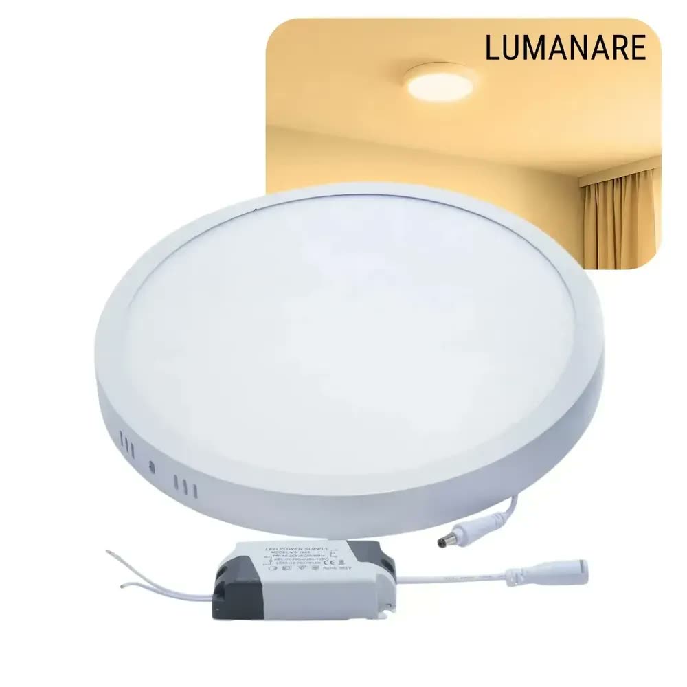 Painel Plafon Sobrepor Led 18w Redondo 21x21 Slim 3000k Estrutura Metalica Branco Quente Luz Amarela