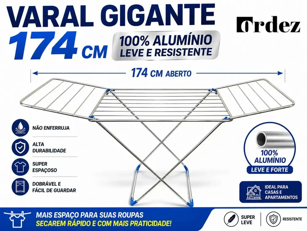 Varal De Chão Big Grande De Roupas 174cm Dobrável Cor Azul Ordez 174cm 100% Alumínio