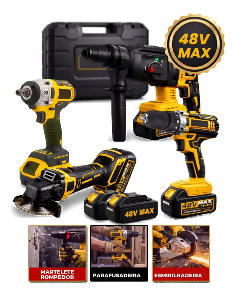 Kit Multi ferramentas 4 Em 1 48V Sem Fio Com 2 Baterias Furadeira Parafusadeira Martelete Esmerilhadeira Chave De Impacto Com Maleta Alta Potência Uso Profissional Doméstico Multiferramentas Hardline