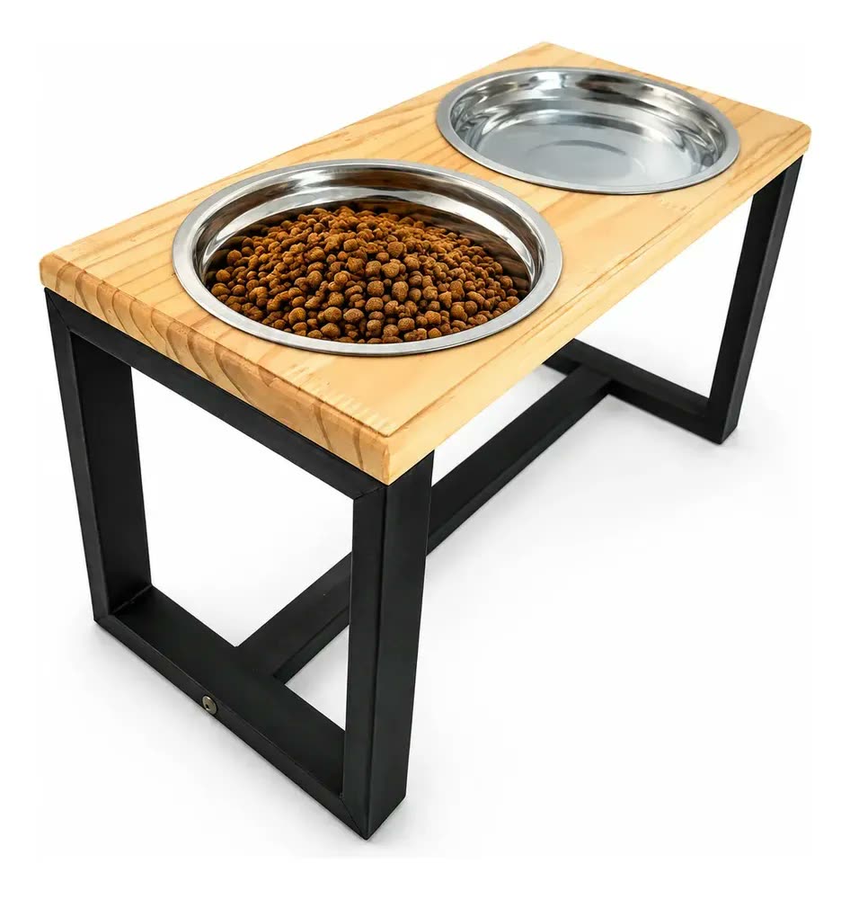 Comedouro G Madeira Elevado Duplo P/ Cães E Gatos - G