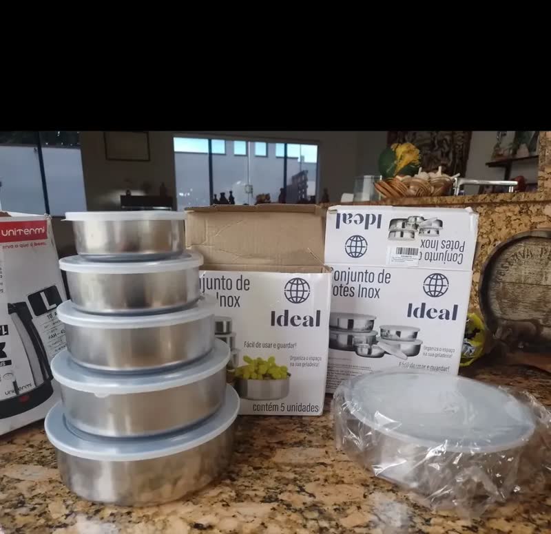 foto de 10 Jogo Conjunto Potes Com Tampa Hermetico Em Aço Inox Cinza