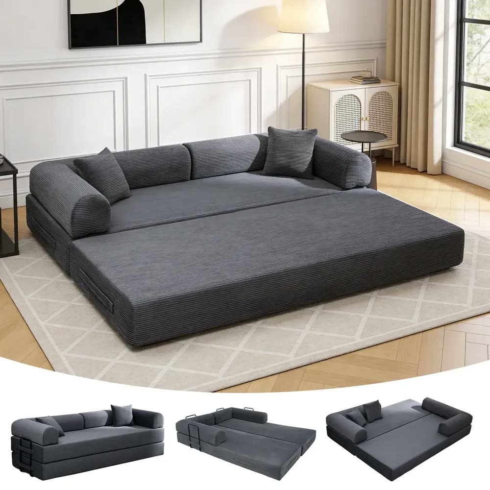 Sofá Cama Modular de Veludo Cotelê Cinza p/ 3 Pessoas, Com Espuma de Alta Densidade e Capa Removível
