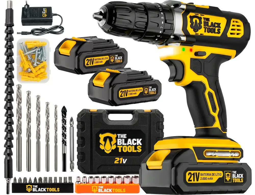Parafusadeira Furadeira De Impacto 02 Baterias The Black Tools Profissional Tb-21px.2 Kit Completo Com Maleta Acessórios