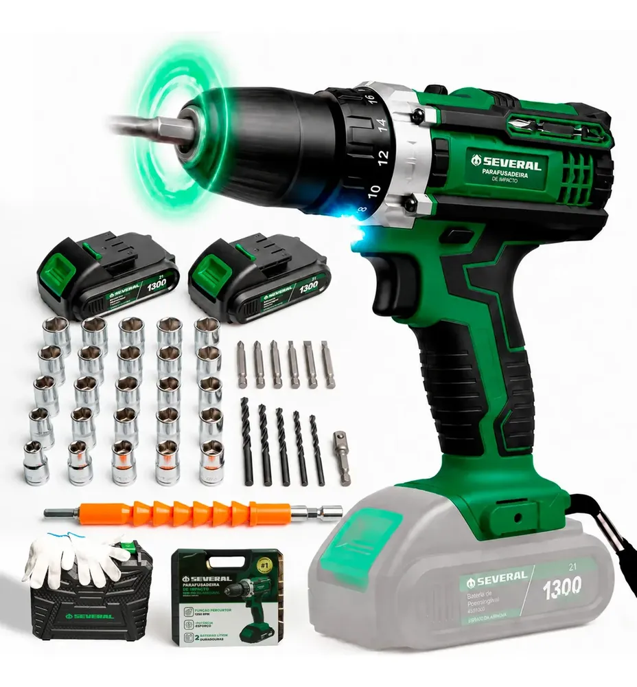 foto de Parafusadeira Furadeira 21v 1300mah Com 2 Baterias Recarregável Sem Fio Maleta Completa Several Importados