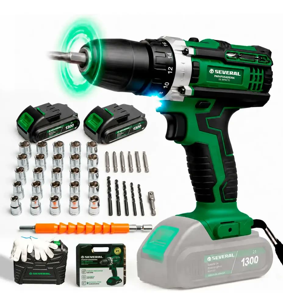 Parafusadeira Furadeira 21v 1300mah Com 2 Baterias Recarregável Sem Fio Maleta Completa Several Importados
