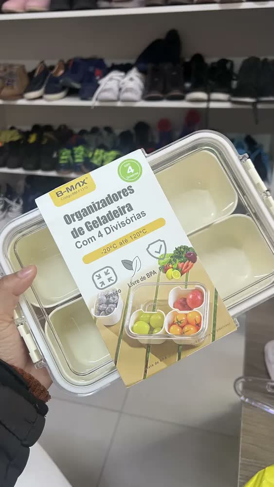 foto de Pote Hermético 4 Divisórias Organizador De Geladeira Prático Conserva Alimentos Frutas Legumes Multiuso Cozinha