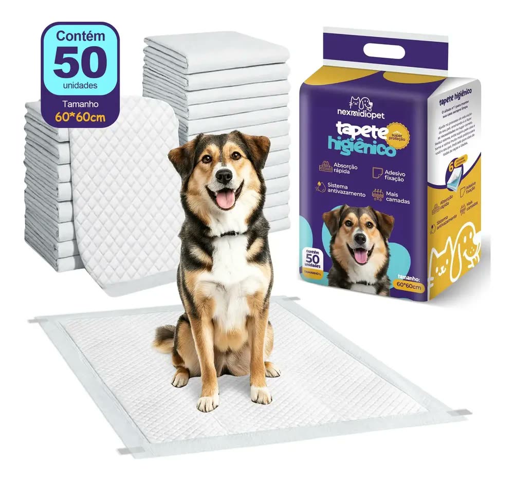 Tapete Higiênico 60x60cm 50 Unidades Descartável Cachorro Cão Pet Fralda Manta Absorvente Nexmidiopet