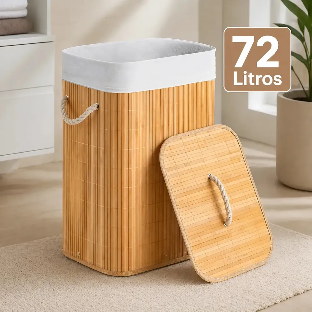 foto de Cesto Organizador De Roupa Suja Bambu 72l Dobrável Grande Bambu