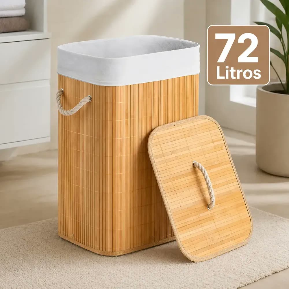 Cesto Organizador De Roupa Suja Bambu 72l Dobrável Grande Bambu