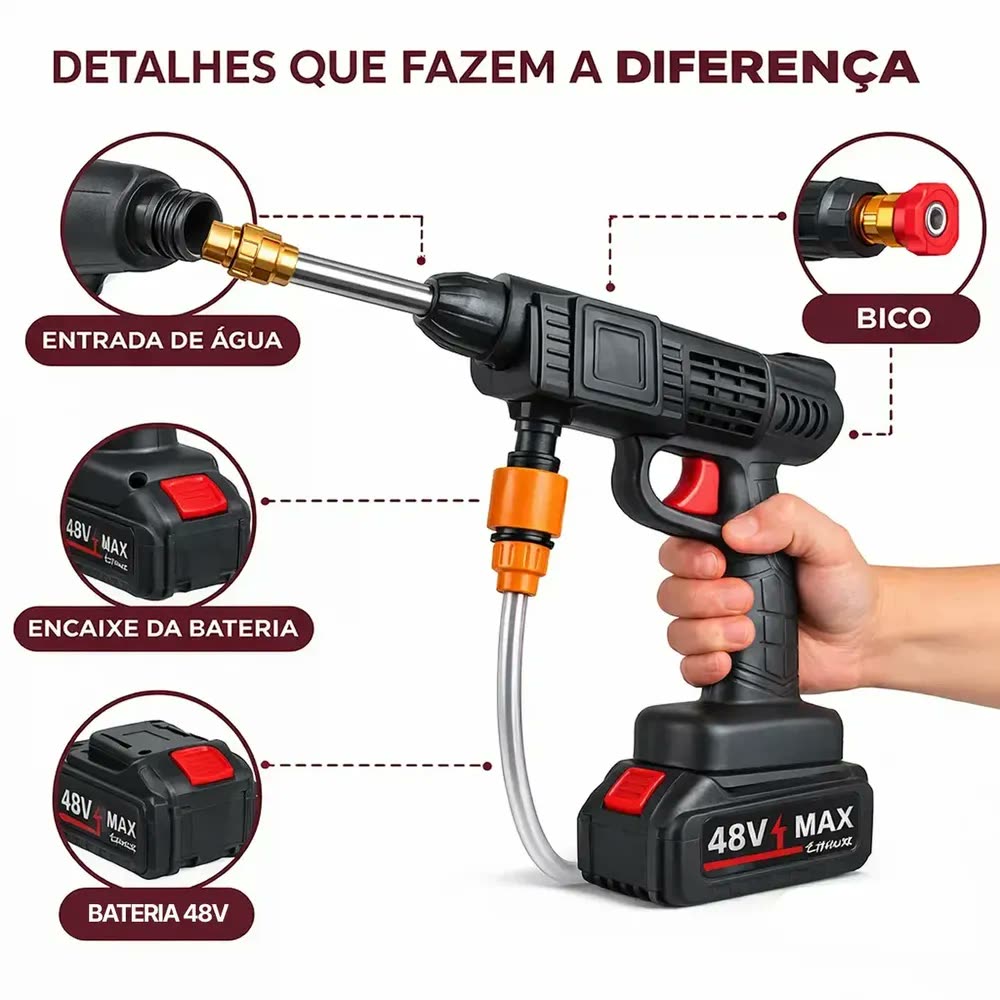 foto de Lava Jato Portátil Alta Pressao Lavadora 2 Baterias + Maleta Preto Recarregavel Elétrica Lavar Carro Profissional Potência Turbo Limpeza Compacta Potente Regulável Lavagem Automotivo Evolufix