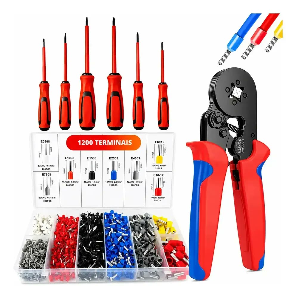 Kit Alicate Crimpar Terminal Jogo Chaves Isoladas Fenda E Phillips 1200 Terminais Ilhós Ferramentas Elétricas Profissional Eletricista