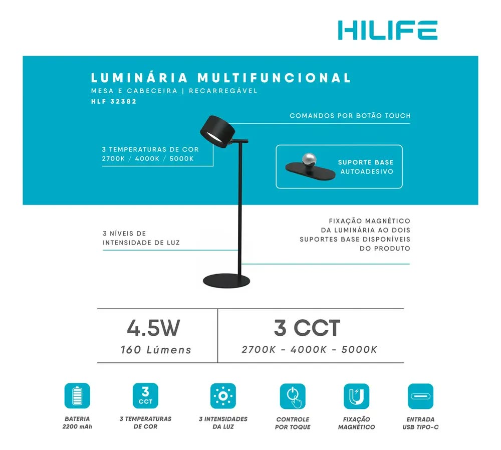 Luminária Mesa Cabeceira Touch 3 Cores Sem Fio Imã Parede Preto 5v