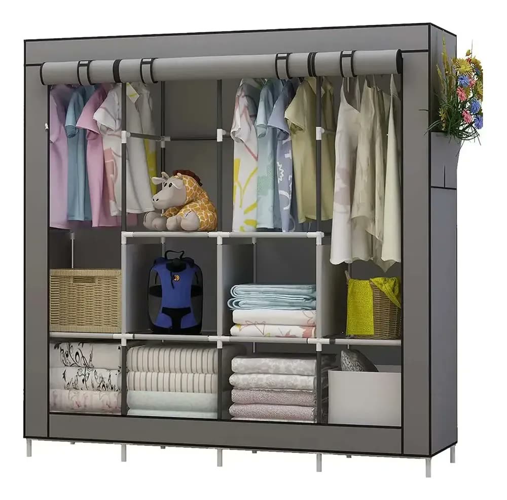 Guarda Roupa Dobrável Organizador Portátil Armário Grande Cinza