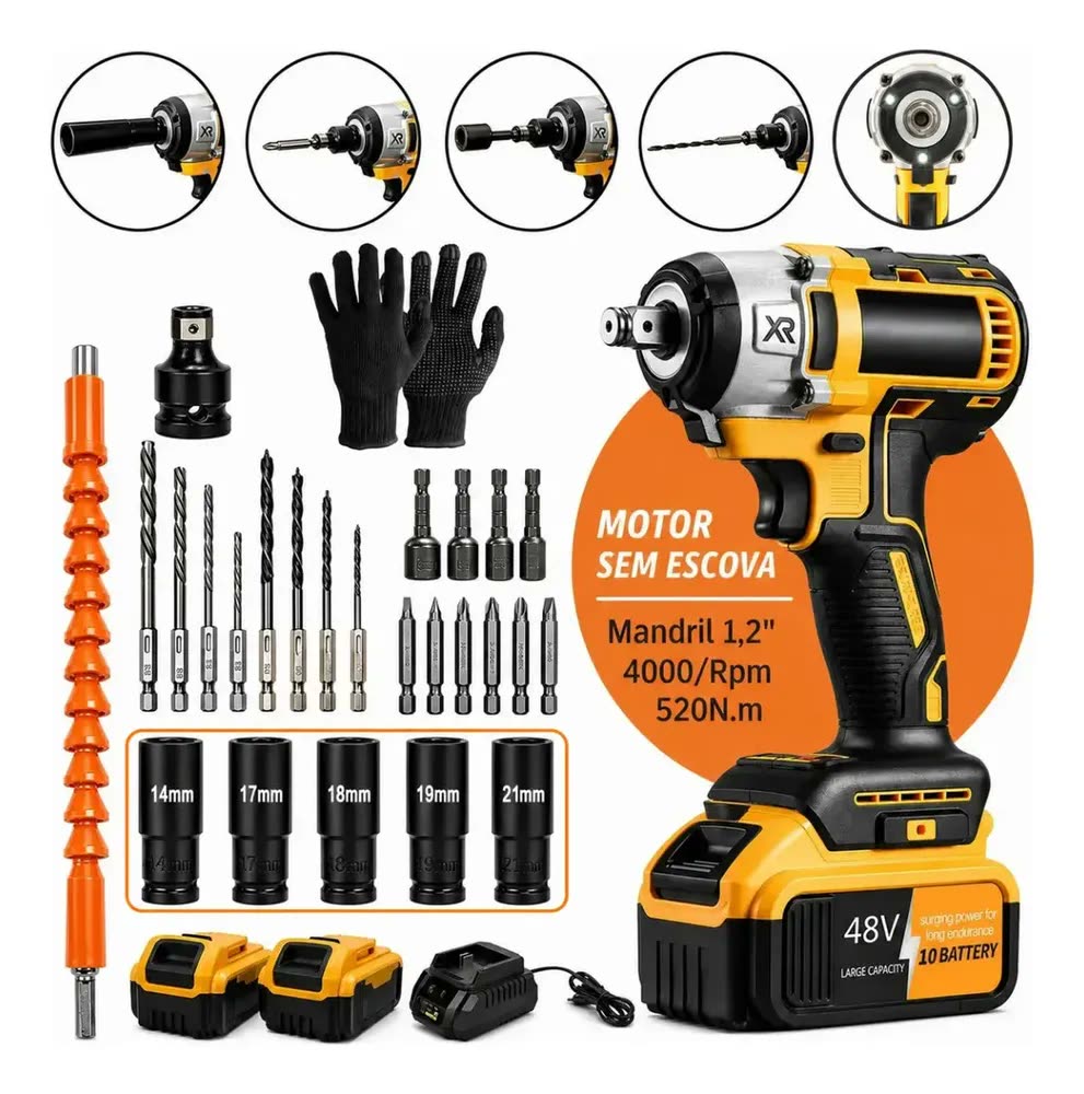 Chave De Impacto Com 2 Baterias Furadeira Parafusadeira Profissional Mandril 1,2 Quadrado Torque 520Nm 0-4000 Rpm Velocidade Variel Carregador Bivolt Motor Sem Escova E Acessórios CNC DO BRASIL