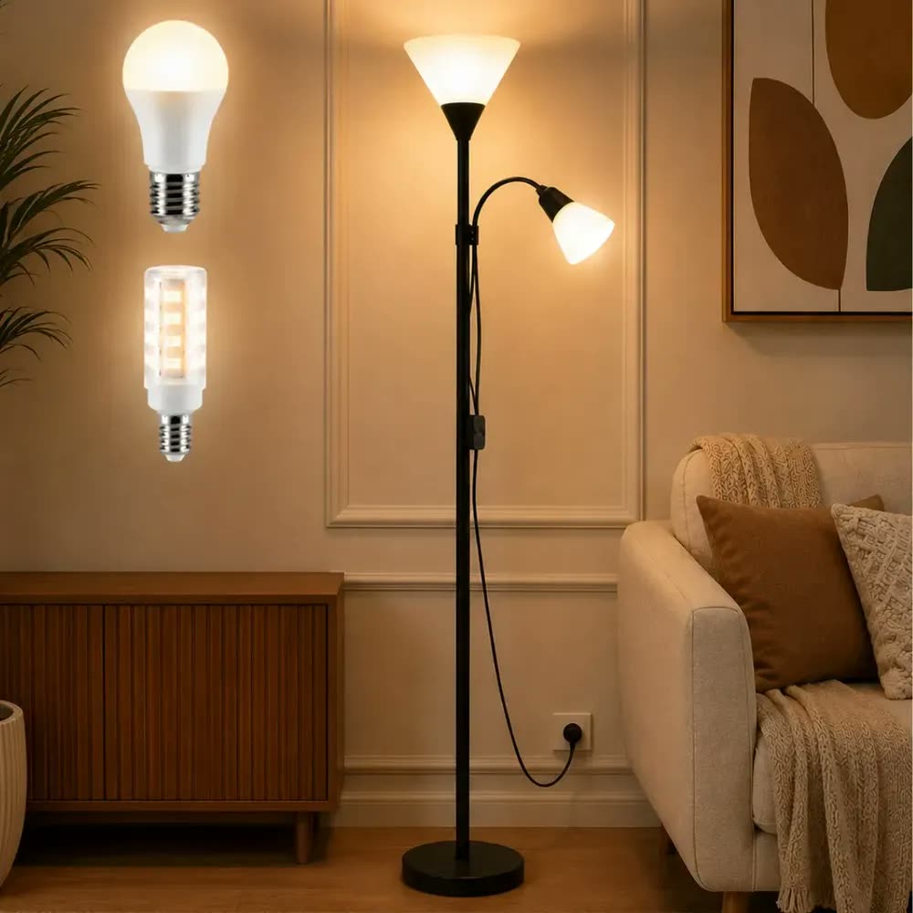 foto de Luminária Chão 177cm Piso + 2 Lâmpadas Led Articulada Dupla Preto