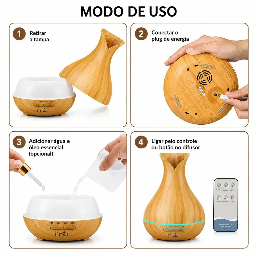 Difusor de Aromas Umidificador De Ar Elétrico Aromatizador Ambiente Vaporizador Ultrassônico Óleo Essencia 400ml Bivolt com Controle Remoto Yoga Meditação Respiração Aromaterapia Led Marca LFAL