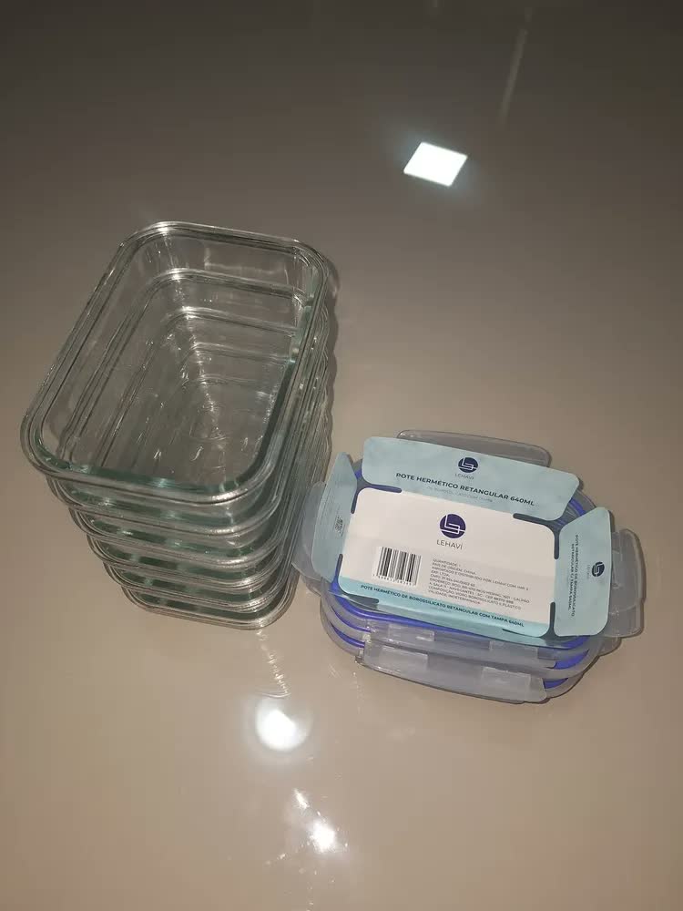 foto de Kit 6 Potes 640ml Herméticos Vidro Com Tampa 4 Travas Hermética Retangular Marmita Freezer Mantimentos Refratário Forno