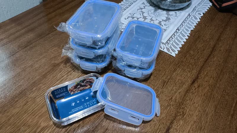 foto de Kit 6 Potes 640ml Herméticos Vidro Com Tampa 4 Travas Hermética Retangular Marmita Freezer Mantimentos Refratário Forno