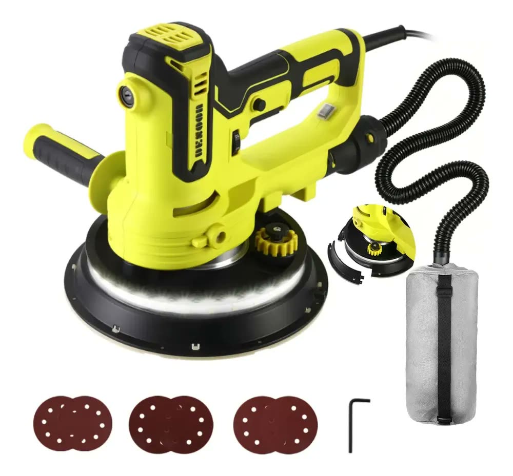 Lixadeira De Parede E Teto 1000w Profissional 6 Velocidades Base 360 Graus Com Led 6 Lixas Saco Coletor De Pó Desoon