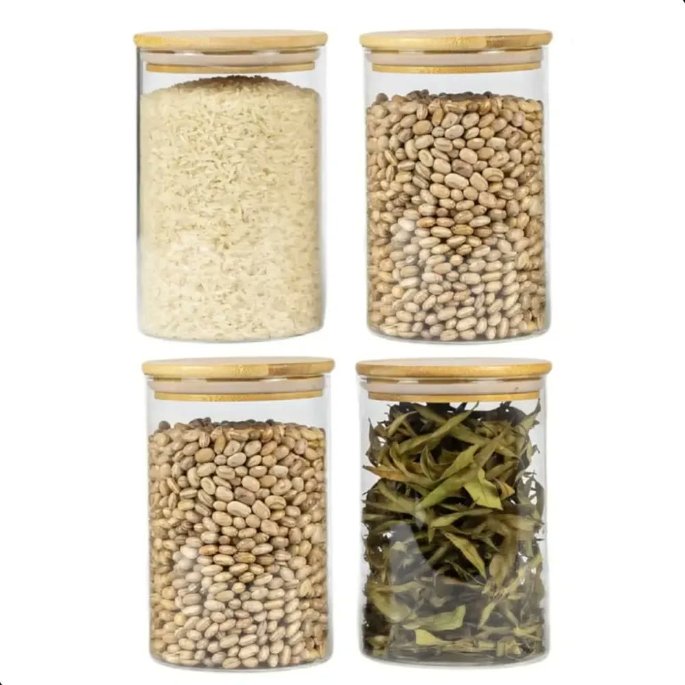 foto de 4 Potes De Alimentos Herméticos Com Tampa De Bambu 1000ml