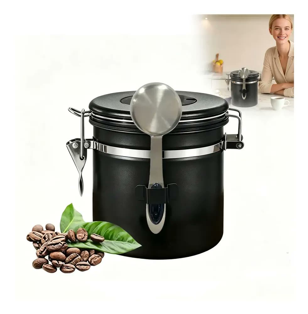 Pote Hermético Para Café Em Grãos Válvula E Com Colher 1,2l Para Conservação À Prova E Vedado Café, Grãos E Chá E Nozes Frescor