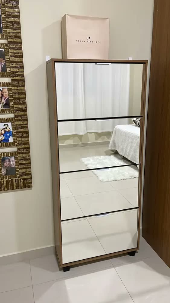 foto de Sapateira Com Espelho Organizadora Peguim 4 Gavetas V/cores Marrom/c Espelho