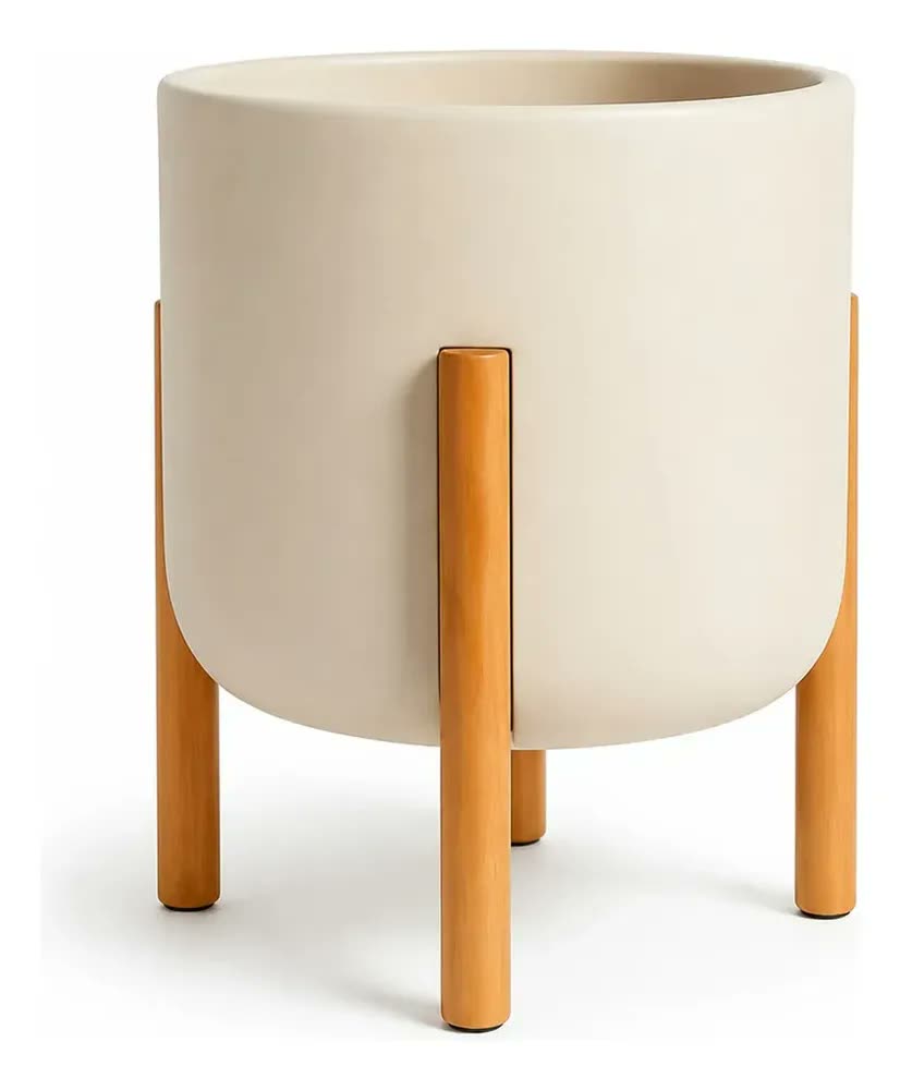 Vaso Cilíndrico com Pés de Madeira 33cm Cor Areia em Polietileno para Plantas Flores Folhagens Decoração Sala Varanda Jardim Escritório Uso Interno e Externo Design Moderno Resistente