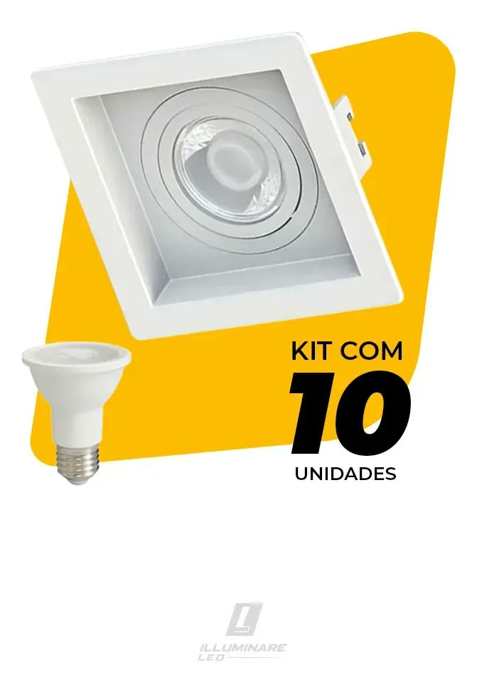 Kit 10 Spot Embutido Quadrado Recuado Par20 Branco + Lâmpada 3000k Branco - Quente