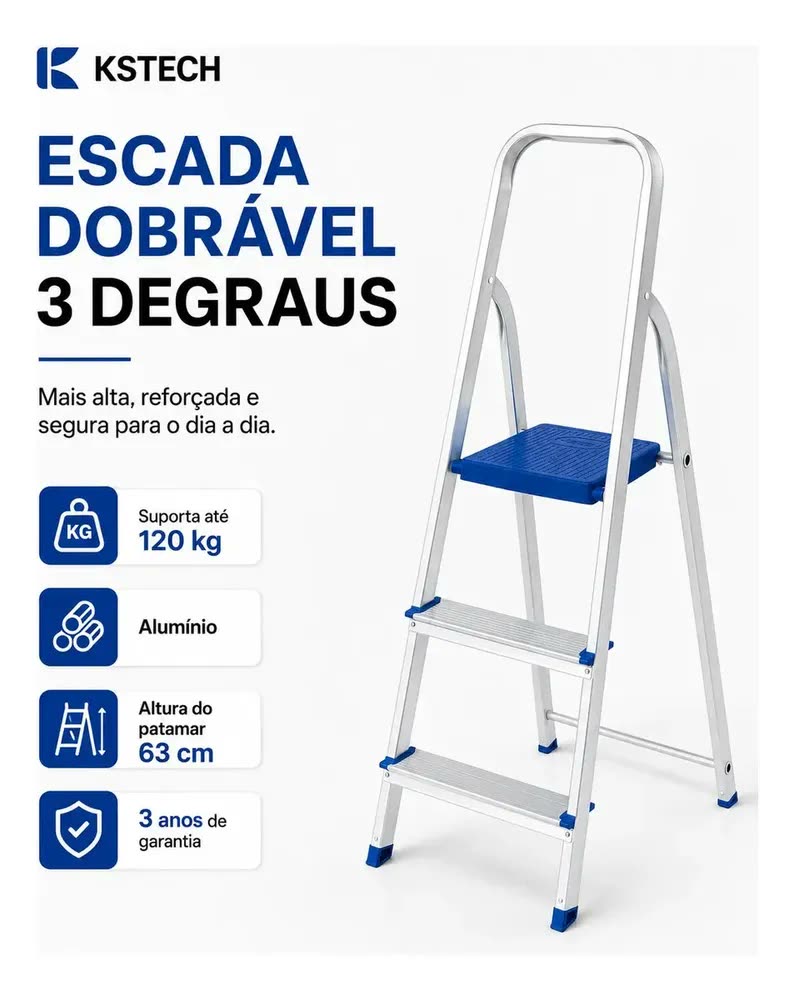 Escada De Alumínio Dobrável 3 Degraus Tesoura Travamento Automático Antiderrapante Certificada Inmetro 120kg Kstech Mor Plataforma Trava De Segurança Multiuso Doméstica Cozinha Área De Serviço