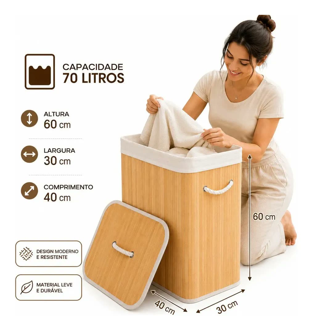 foto de Cesto Bambu 70l C/ Tampa Roupas E Acessórios Reforçado