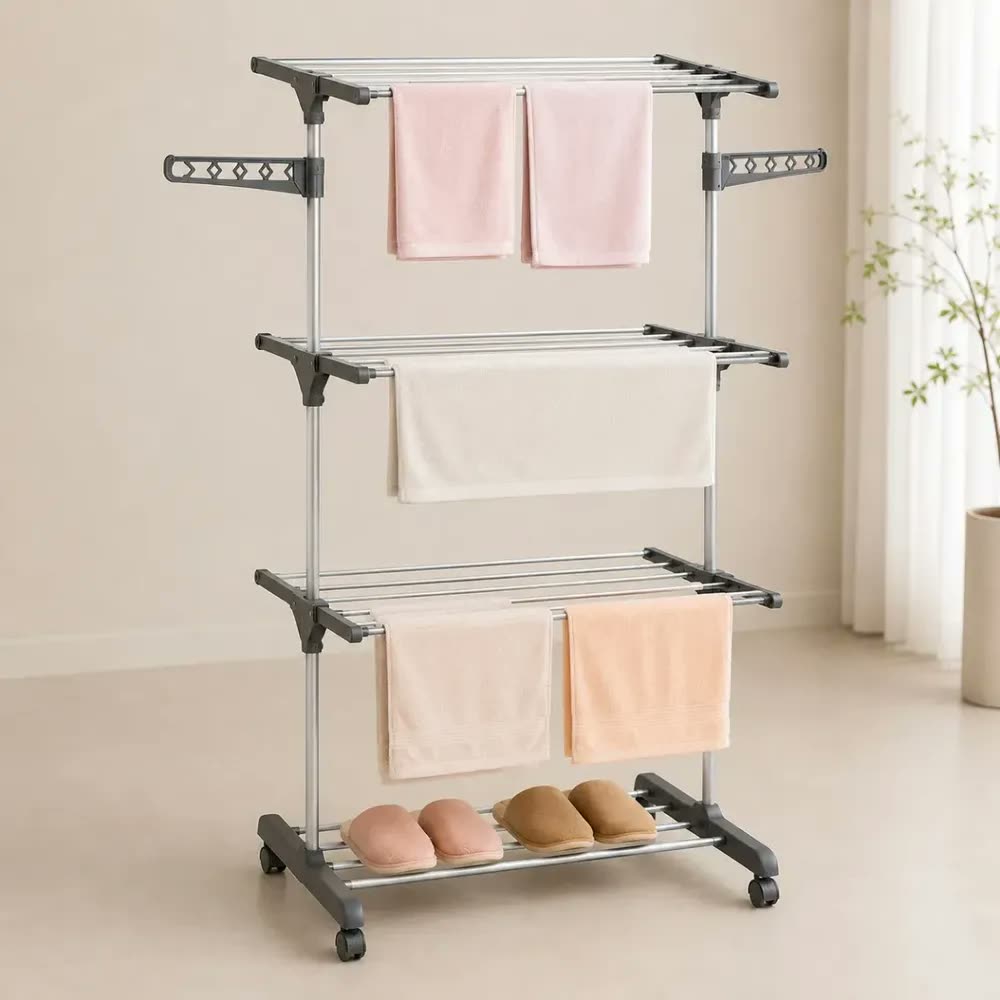 Varal De Chão Dobrável Com Rodinhas, 3 Andares Reforçados E Retráteis, Suporta Até 30 Kg Ideal Para Apartamento Lavanderia Cinza