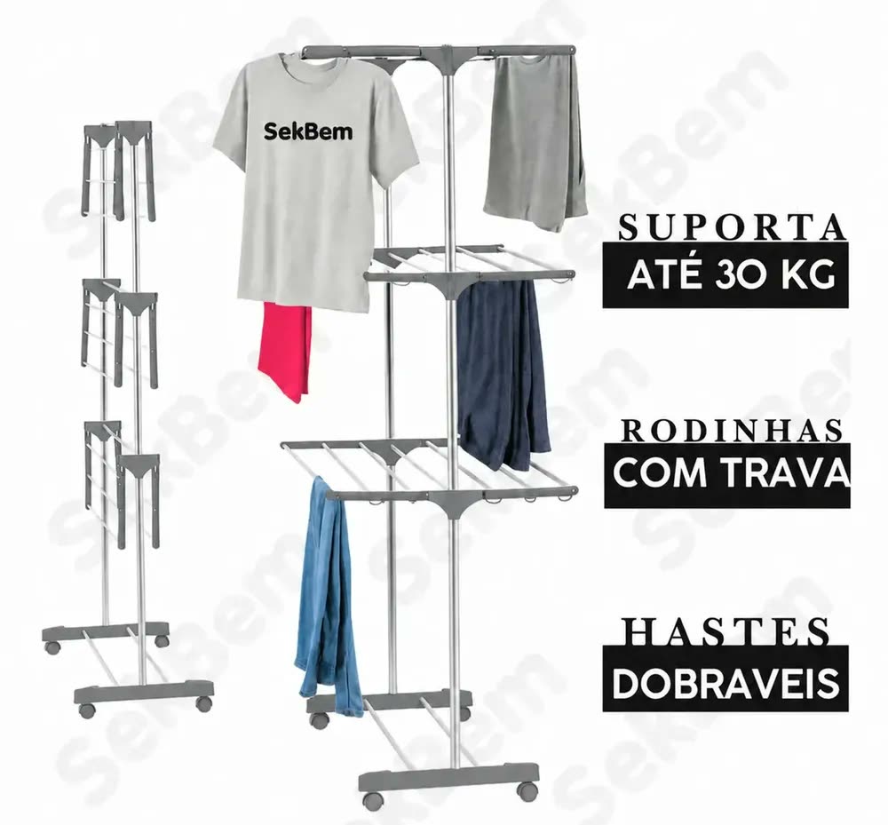 Varal De Chão Dobrável Com Rodinhas 3 Andares Reforçados E Retráteis Cinza