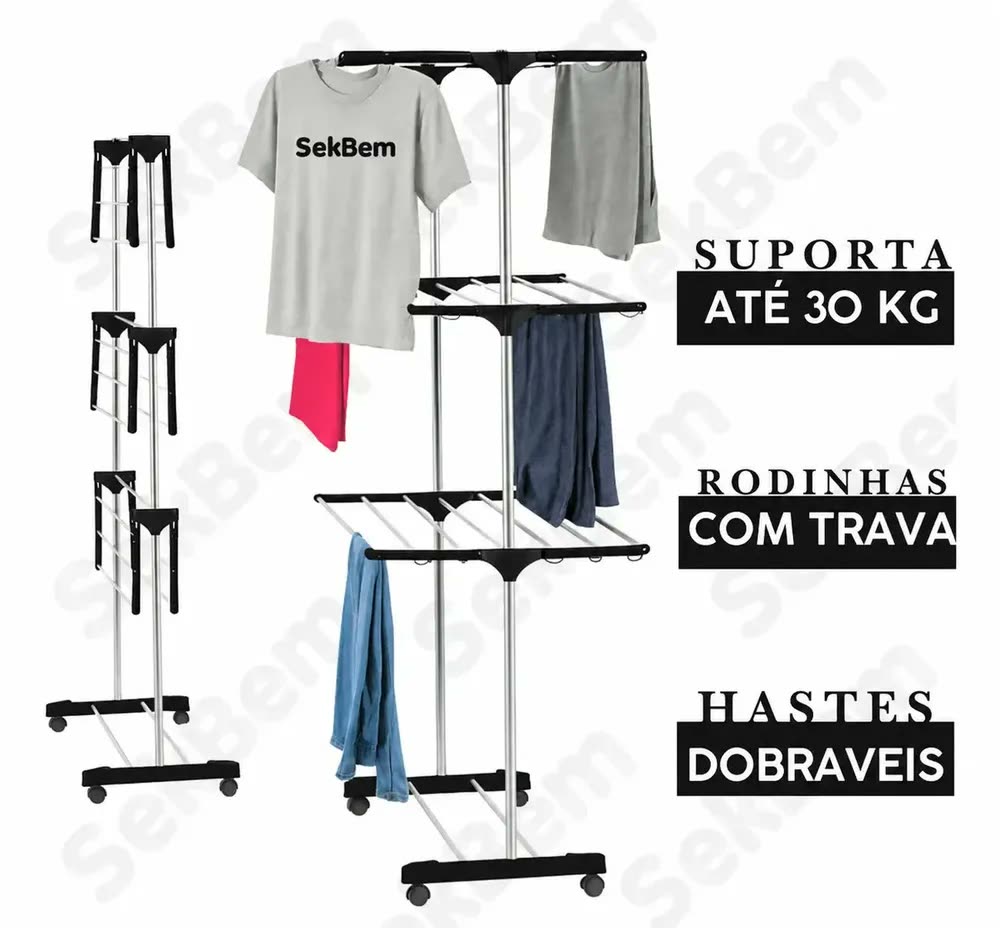 Varal De Chão Sekbem Portátil Com 3 Andares Dobrável Para Roupas Preto