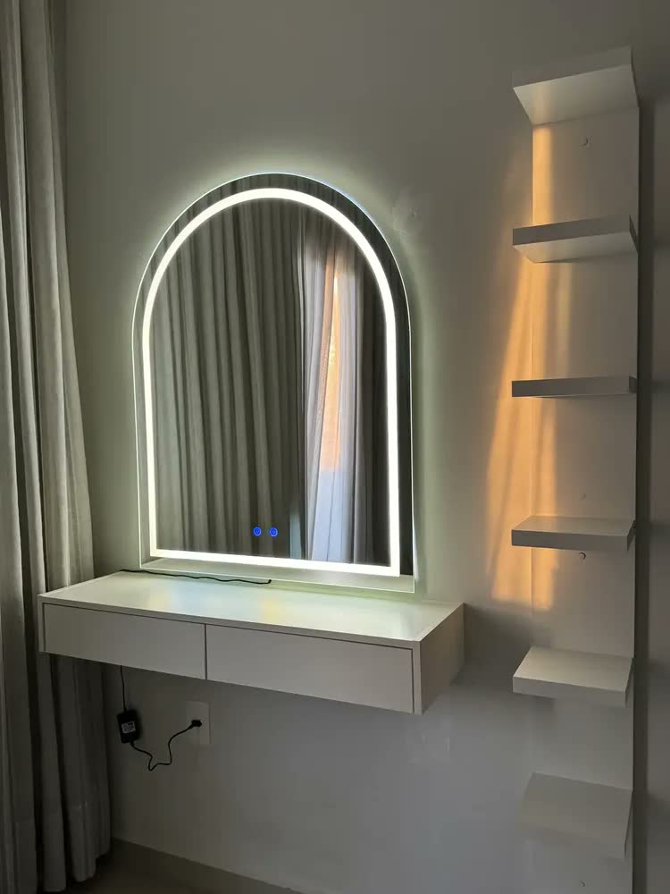 foto de Espelho Led Oval Base Reta Salão 100 X 90 Touch Screen Moldura Branco Neutro 4000k