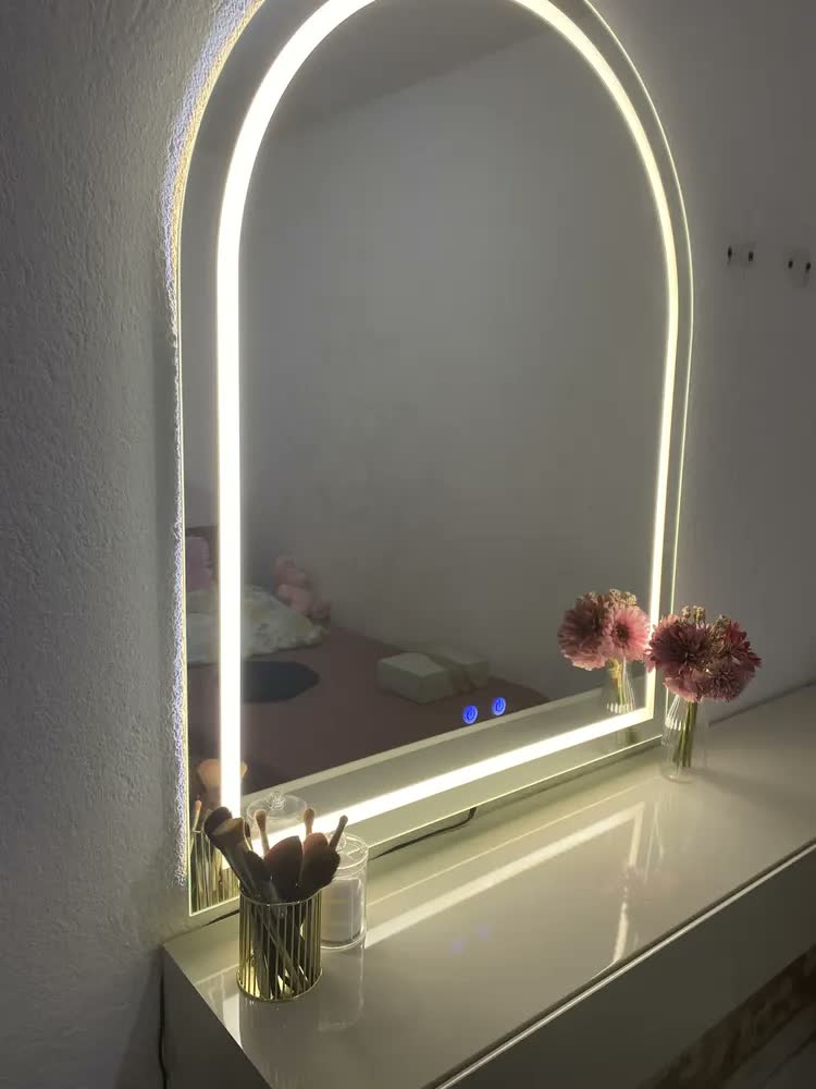 foto de Espelho Led Oval Base Reta Salão 100 X 90 Touch Screen Moldura Branco Neutro 4000k
