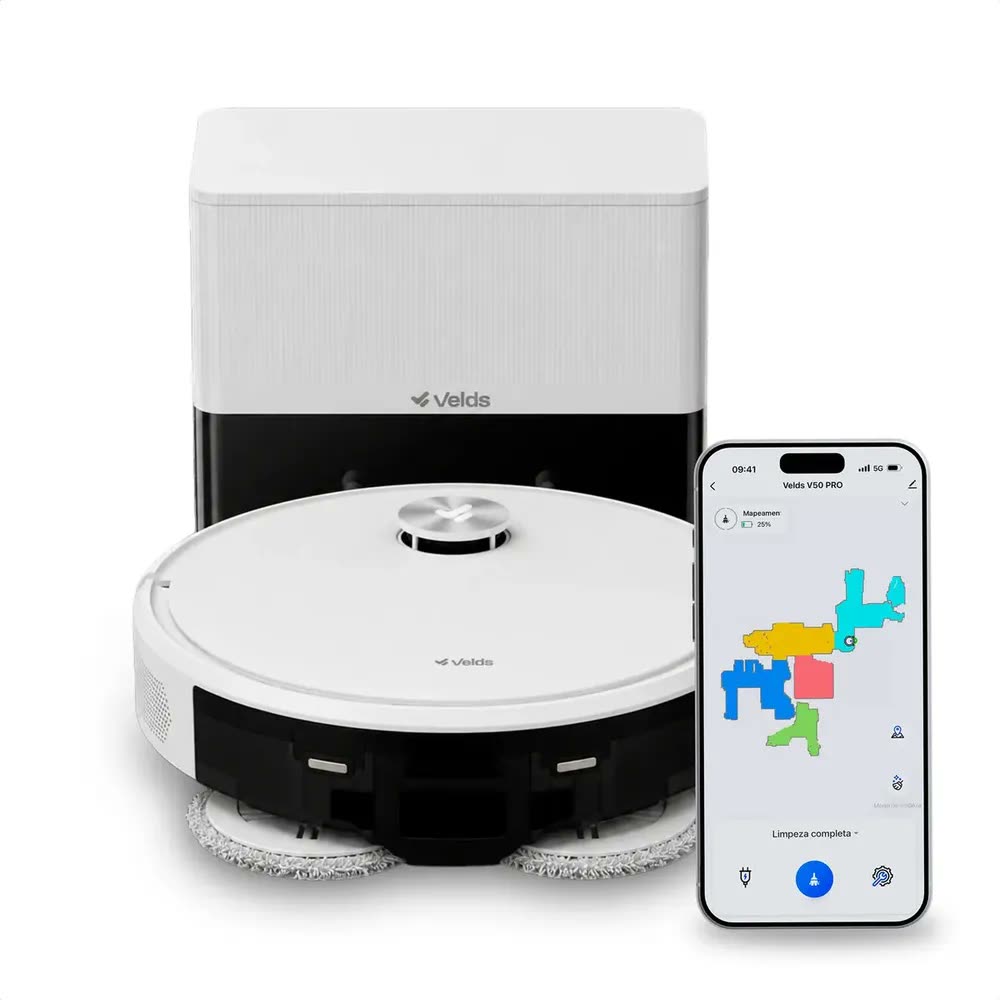 Robô Aspirador Velds V50 Pro, Base Autolimpante Mop Duplo Giratório 10000pa Mapeamento Avançado, Branco