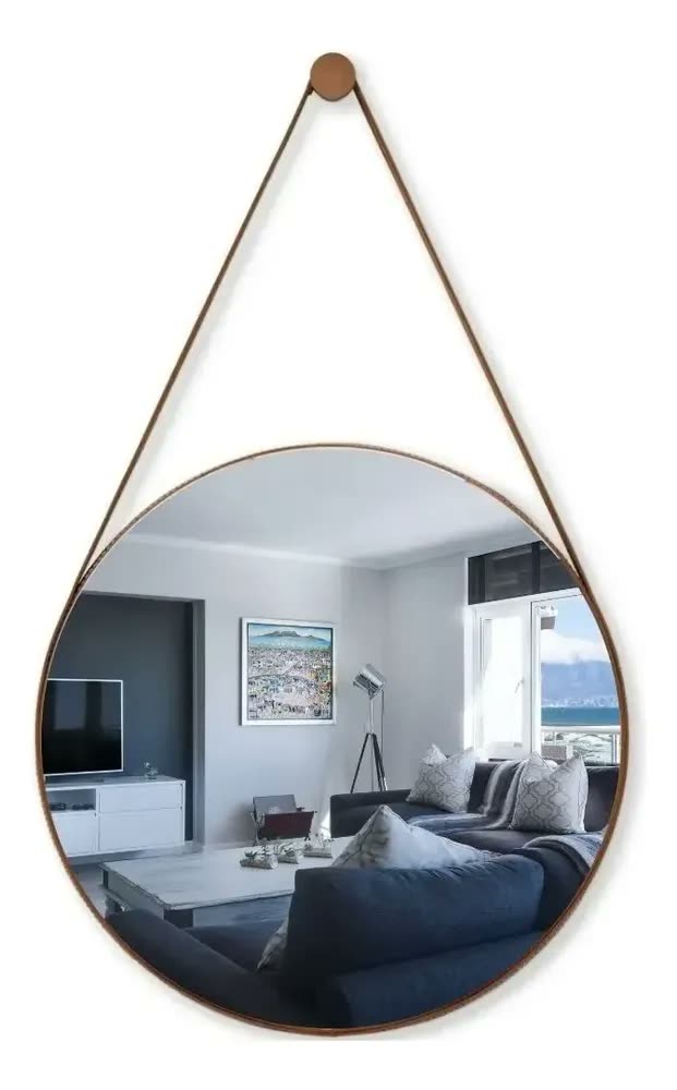 foto de Espelho Adnet Decorativo Redondo Alça Couro 60cm Caramelo