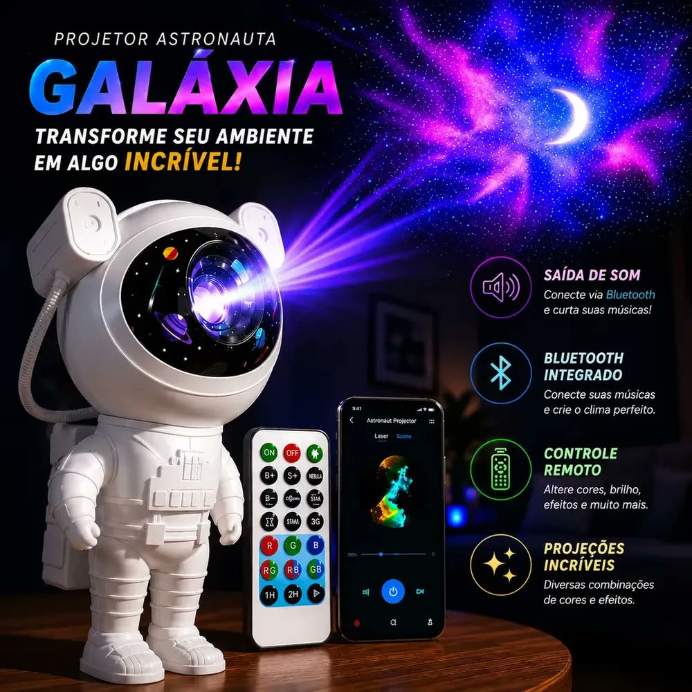 Projetor Astronauta Galaxia Estrelas Nebulosa Led Luz Noturna Rotativo Bluetooth Caixa De Som Controle Remoto Timer Quarto Infantil Ambiente Relaxante Bivolt Presente MidiaFone