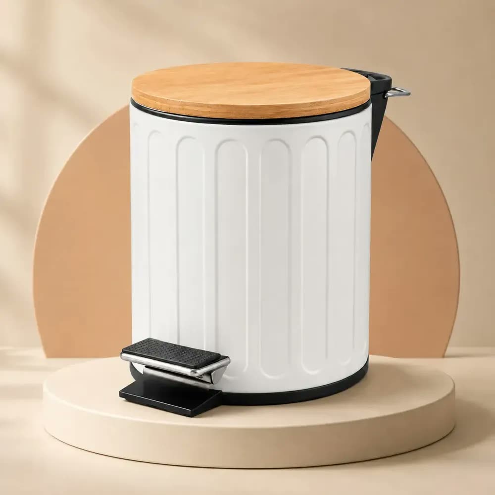 Lixeira Branca Para Banheiro 3l Redonda Em Aço Inox Cor Branco Tampa Bambu Casa Cozinha Banheiro Cesto Removível Com Pedal VIVATUTTO