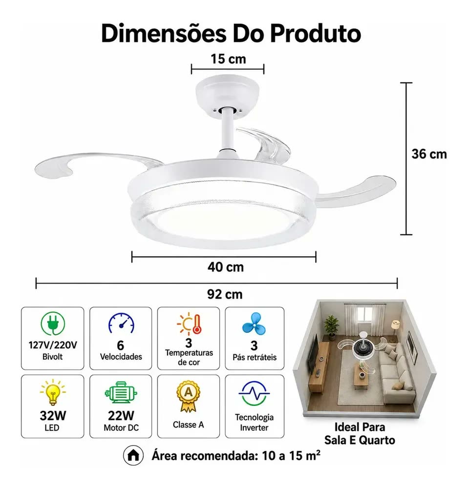 Ventilador de Teto Retrátil Silencioso com Controle Remoto, Luminária LED Bivolt 36 Pols, Motor DC Inverter, 6 Velocidades, 3 Cores de Luz, Função Reversa e Timer para Quarto e Sala Brightech
