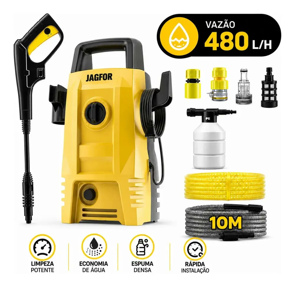 foto de Lavadora de Alta Pressão Jagfor 1800W 4500 PSI 480 L/h 220V Compacta com Mangueira 10m, Pistola e Canhão de Espuma