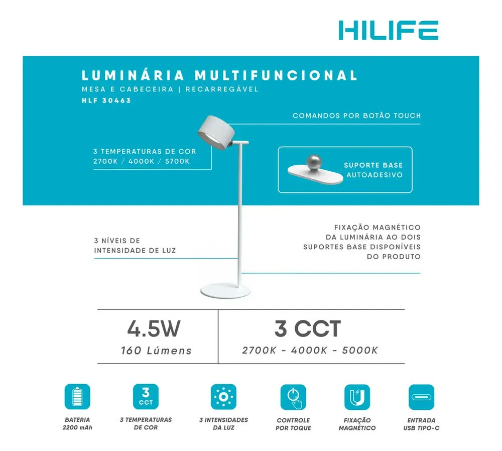 Luminária Mesa Cabeceira Touch 3 Cores Sem Fio Imã Parede Branco 5v