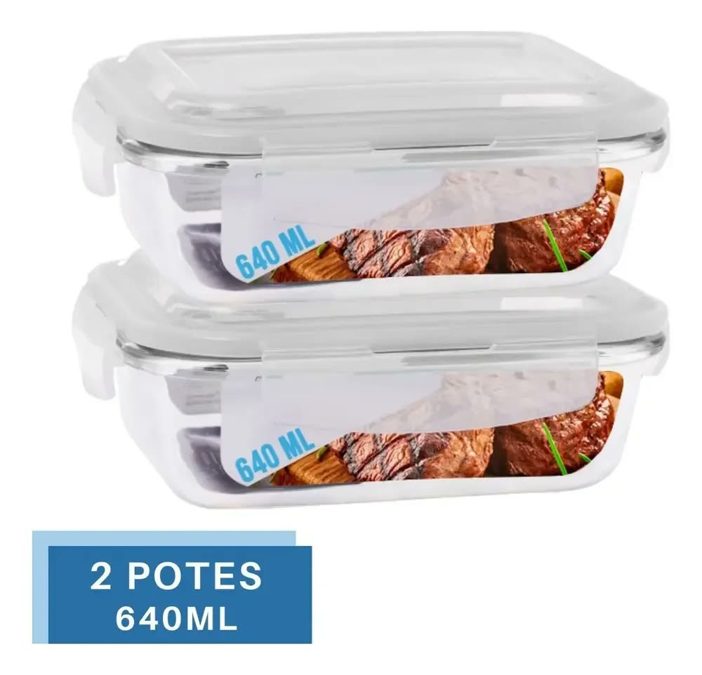 foto de Conjunto 2 Potes 640ml Vidro Hermético 4 Travas Marmita Sortido