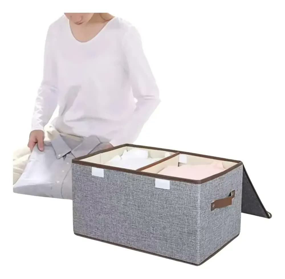 Caixa Organizadora Grande Rígida 2 Compartimentos Dobrável Cor Cinza Caixa Resistente Lisa