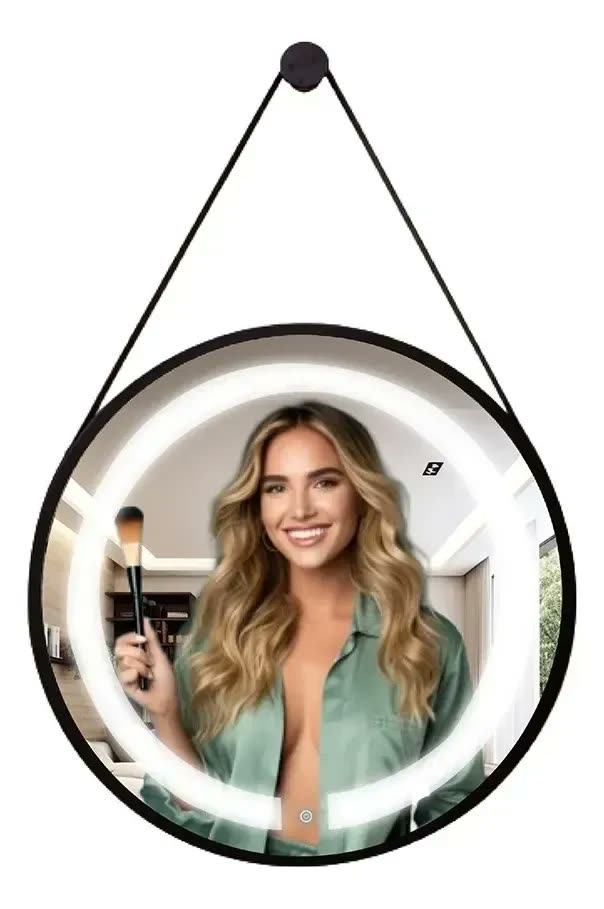 foto de Espelho Redondo Adnet Iluminado Led Com Alça 40cm Premium Moldura Preto Alça Preta