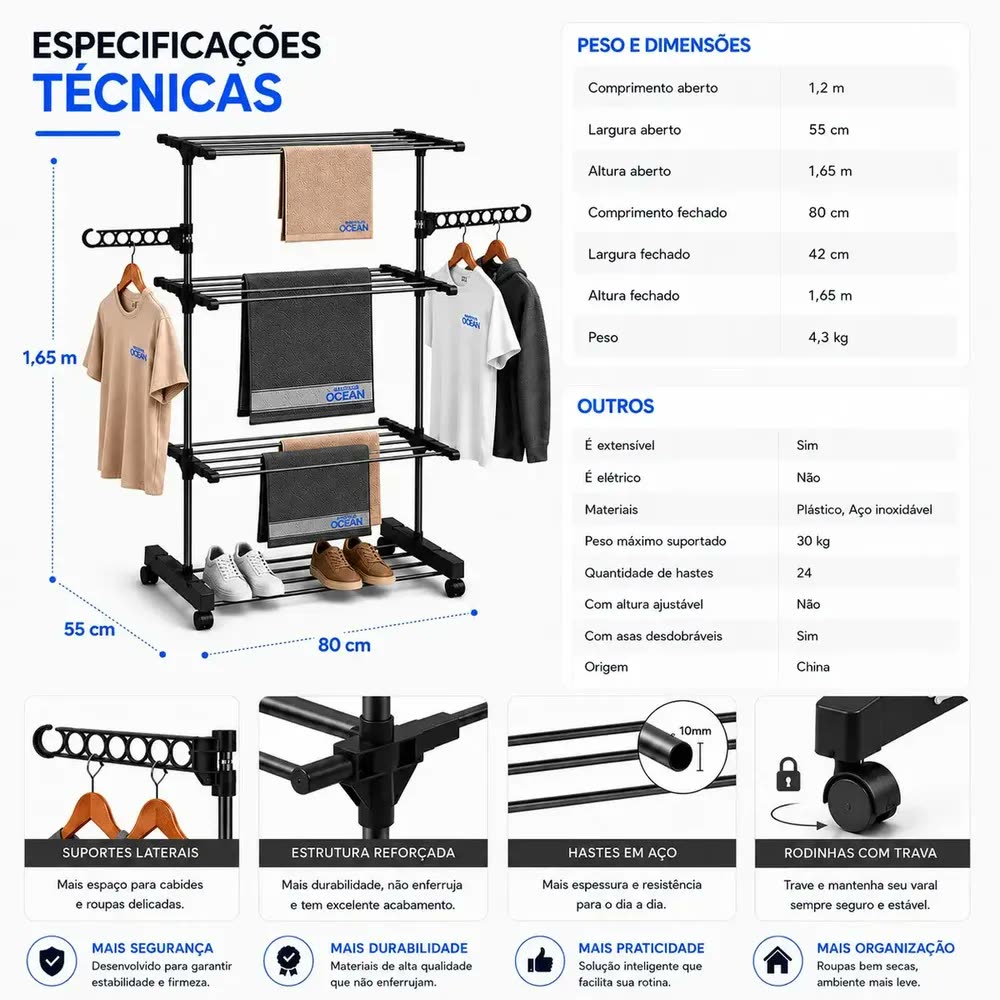 Varal De Chão Nautilus Ocean Portátil Com 3 Andares Compacto Dobrável Vertical Para Roupas Preto