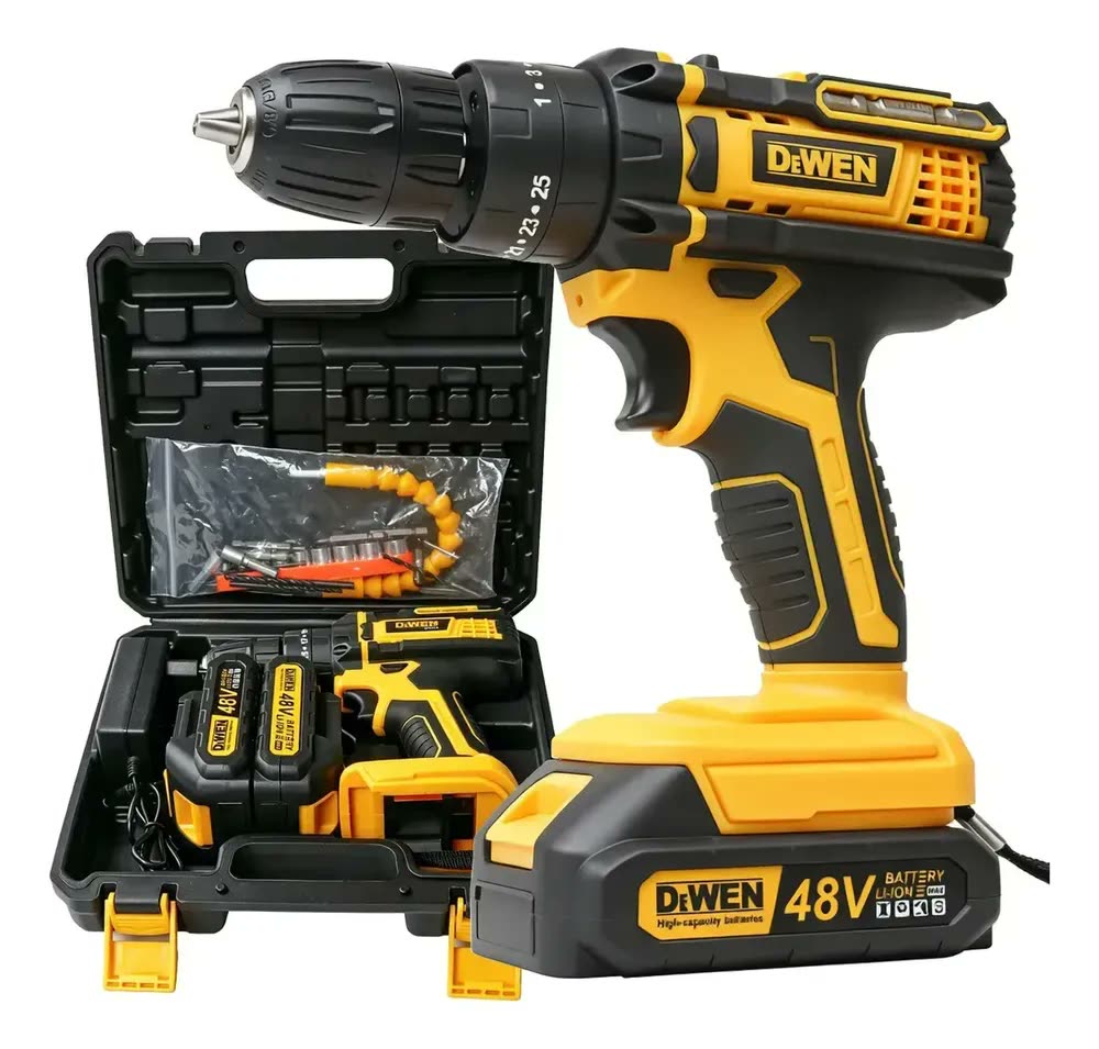 Parafusadeira Furadeira 48v Profissional 2 Baterias Sem Fio Amarelo - Dewen