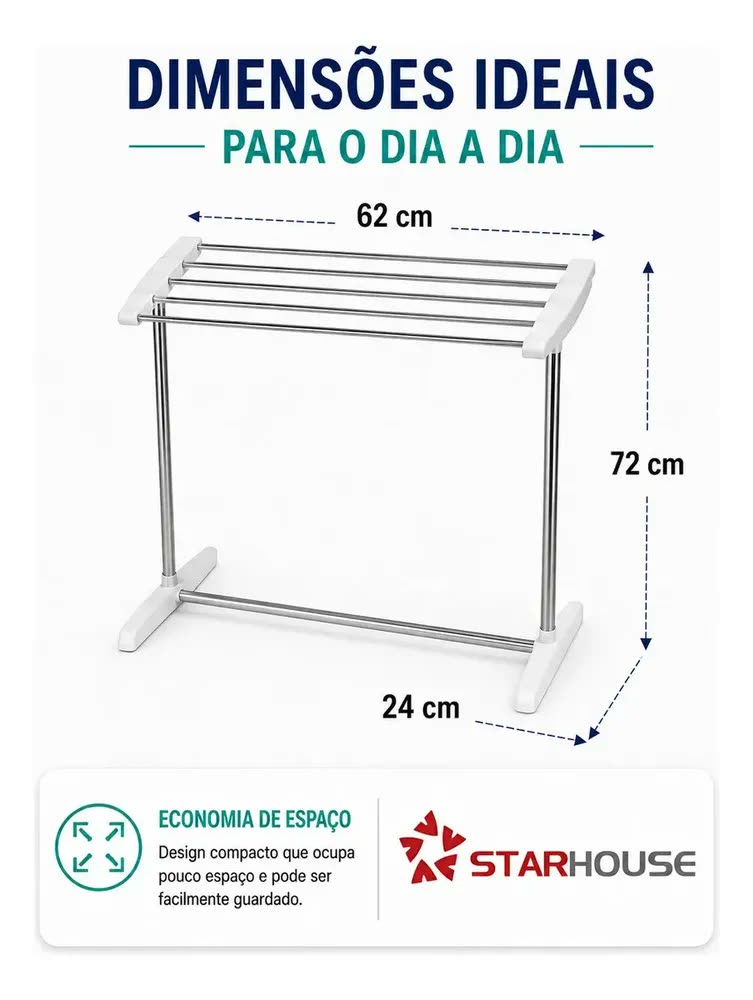 Varal De Chão Portátil 5 Hastes Inox Aluminio Roupas Organizador Compacto Toalheiro Varanda - Starhouse