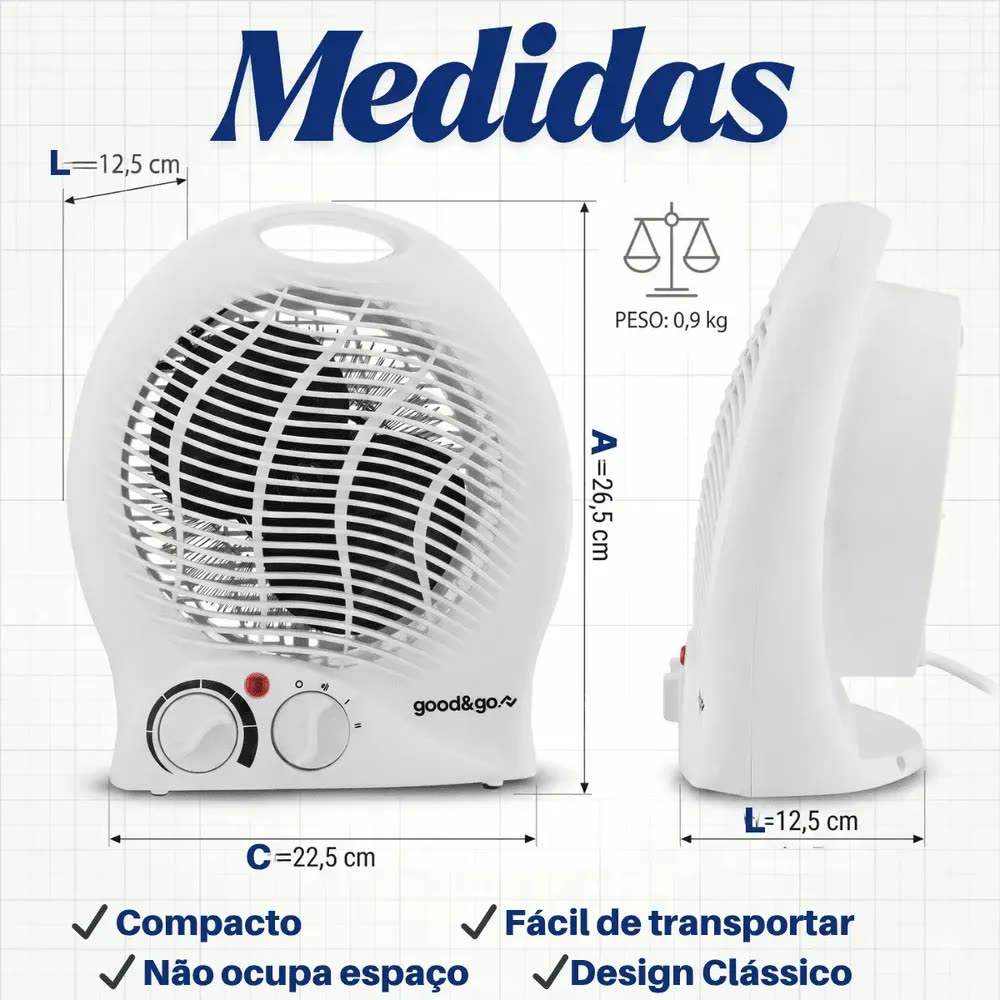 Aquecedor De Ar Eletrico Portatil Termoventilador Compacto Pontente 1500 W Proteção Ventilador 6 Niveis Tempertatura